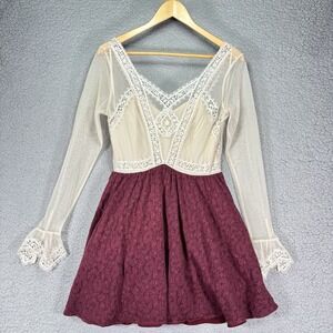 Free People Coquette Sz 4 Burgundy Ivory Lace Victorian Bell Cuffs Lined L/S Red